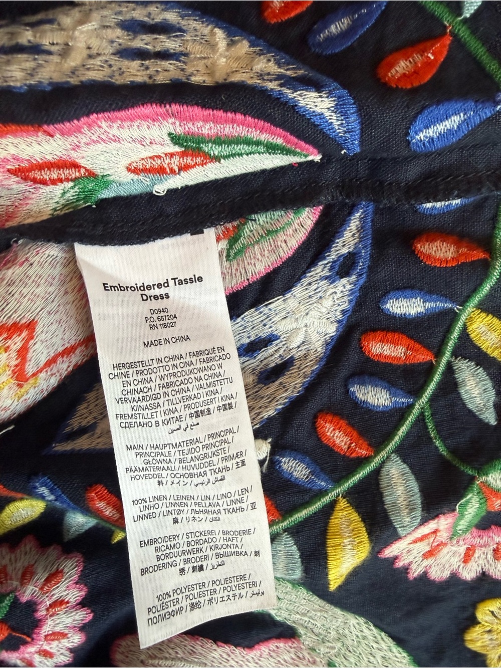 BODEN Embroidered Navy Maxi linen Tassel Dress with Floral Motif size 10R EUC - Picture 7 of 9